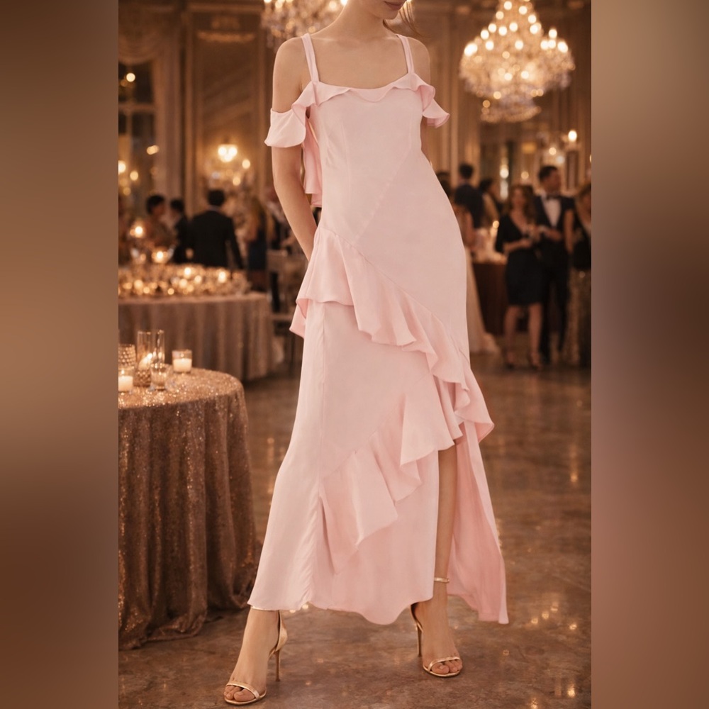 Topshop Bride Pink Cold Shoulder Ruffle Gown Maxi Dress